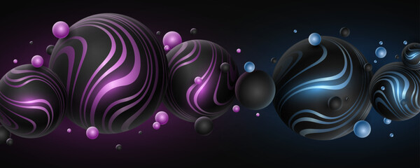 Futuristic trendy background with glowing dynamic 3d spheres textured with striped pattern. Abstract flying bubbles on black background. Modern cover design. Vector illustration.