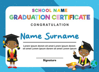 Cute diploma certificate template for preschool, kindergarten or primary school student. Cute kids with graduation certificate and award trophy. Vector file.