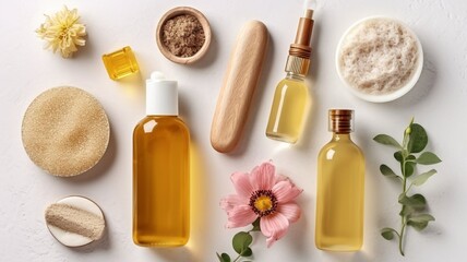 Ingredients for skin care products laid down flat. Top view of natural cosmetics on a bright background. GENERATE AI