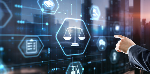 Justice and law concept. Lawyer businessman using digital technology law innovation interface