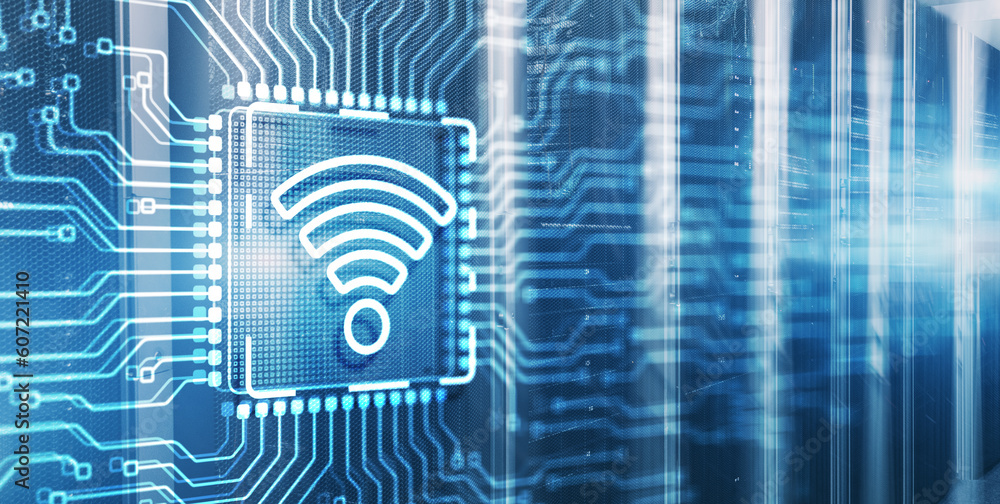 Wall mural wireless internet connection on electronic circuit board chip