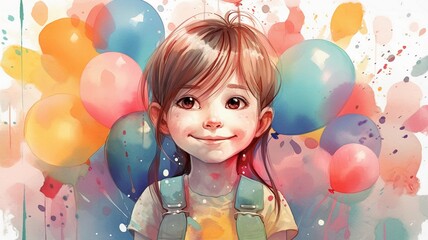 Happy child with balloons watercolor Generative AI