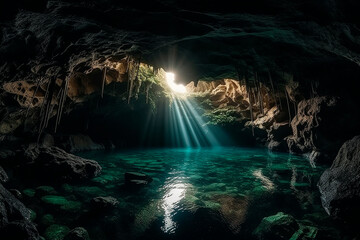 Fototapeta na wymiar magical underwater cave illuminated by sunlight