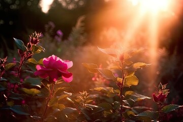 beautiful pink flower standing alone in a vast green field Generative AI