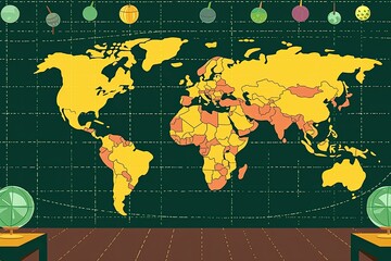world map displayed on a green wall Generative AI