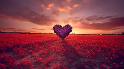 Foto op Canvas sunset with a red heart-shaped sky and a lovely flower-filled countryside. GENERATE AI © Sawitree88