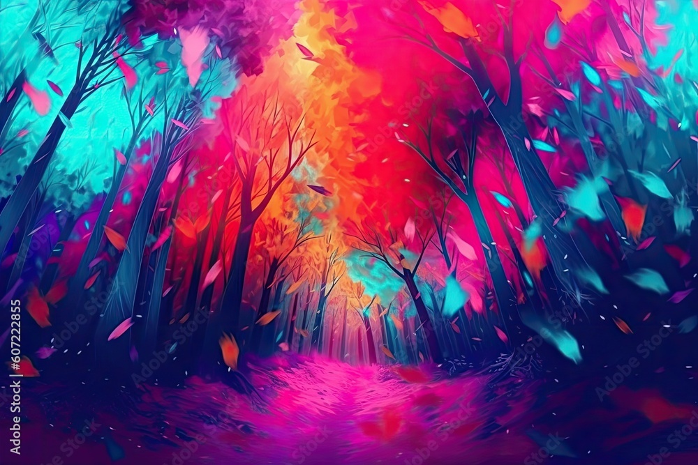 Poster vibrant and colorful forest with tall trees generative ai