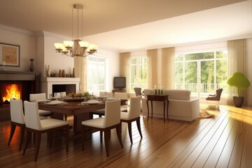 Fototapeta premium Cozy Living Room with Fireplace and Dining Table Generative AI