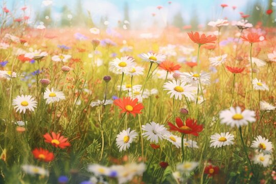 vibrant field of flowers under a bright blue sky Generative AI