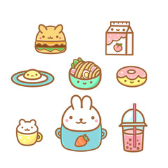 Kawaii food set with noodles, bubble tea, donut, milk, hamburger and scrambled eggs
