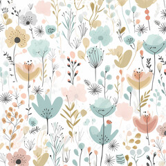 Fototapeta na wymiar Floral Hand Drawn Pattern In Pastel Color Style Illustration