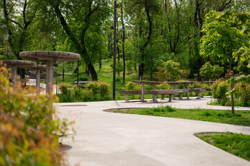 Wooden tables and benches in the summer park.