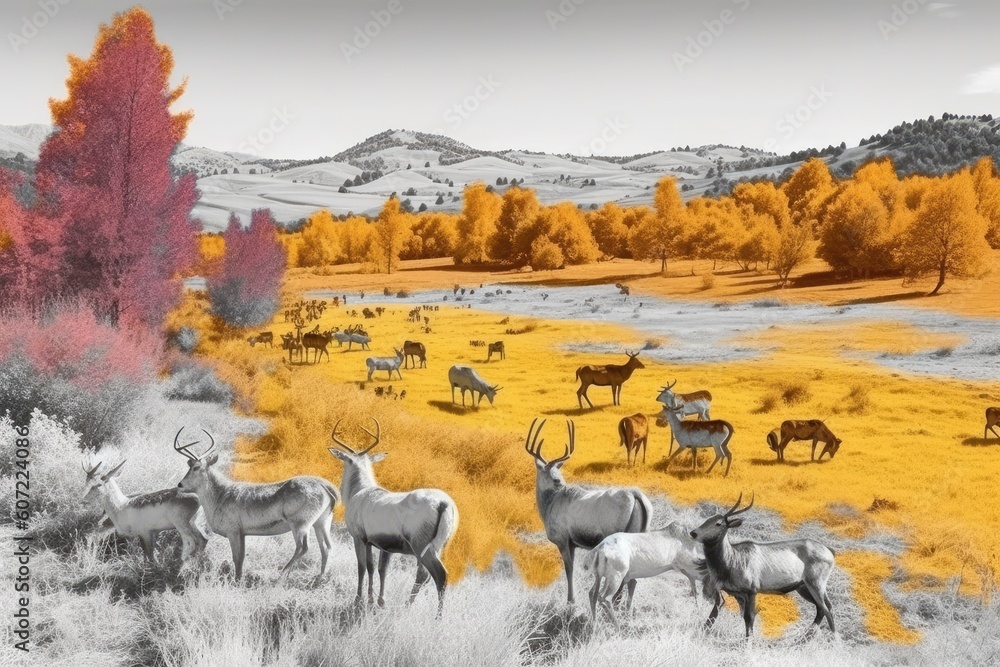 Poster monochrome image featuring a group of wild deer grazing in an open meadow generative ai