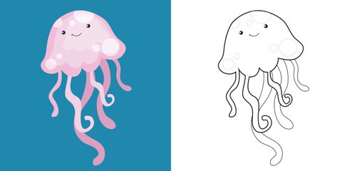 Cute cartoon animal coloring page. Coloring jellyfish the sea animals worksheet. Coloring activity for children. Printable educational printable coloring worksheet. Vector file.