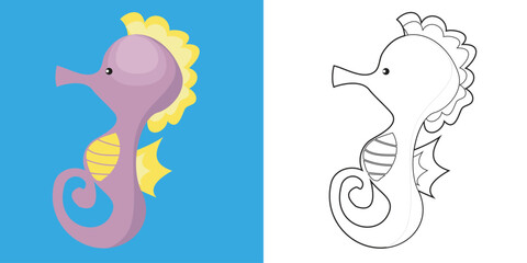 Cute cartoon animal coloring page. Coloring the seahorse sea animals worksheet. Coloring activity for children. Printable educational printable coloring worksheet. Vector file. © idcreative.ddid