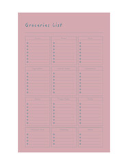 (Peach) Groceries list planner. Plan you food day easily. Vector illustration.