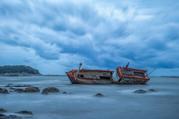 Boat crashes in the sea, cruise ship ,accident, An old shipwreck or abandoned shipwreck.,Boat...