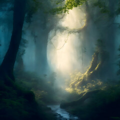 Obraz premium a misty forest at dawn, with rays of sunlight piercing through the trees. Generated AI