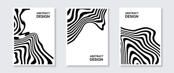 Fototapeta na wymiar Black and white wavy lines posters set. Fluid undulate shapes banner pack. Abstract universal curved stripes template. Futuristic design concept for cover, invitation, brochure. Vector background