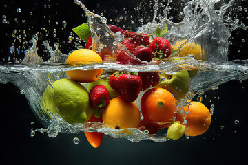 Fototapeta premium Refreshing Delights: Fruit and Vegetables Splash into Water. created with Generative AI