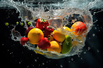 Fototapeta na wymiar Refreshing Delights: Fruit and Vegetables Splash into Water. created with Generative AI