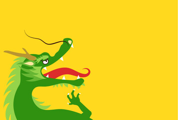 横向きで大きく口を開けている龍のカラフルなイラスト　コピースペースあり