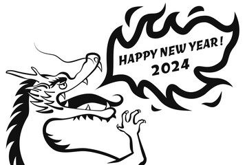 2024年辰年　龍が火を吹いているダイナミックな白黒線画イラストの年賀状