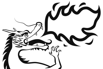 龍が吹いている火が吹き出しになっている白黒の線画イラスト　
