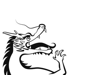 横向きで大きく口を開けている龍の白黒線画イラスト　コピースペースあり　