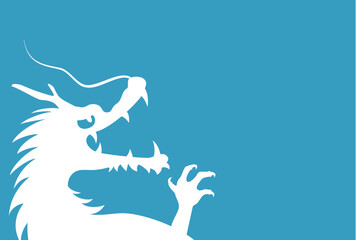 横向きで大きく口を開けている龍のシルエットのイラスト　コピースペースあり