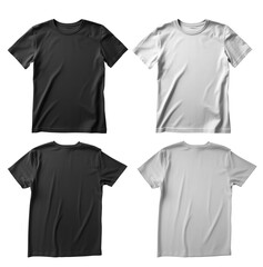 Set of Black white front and back view tee t shirt round neck on transparent background cutout, PNG file. Mockup template for artwork graphic design