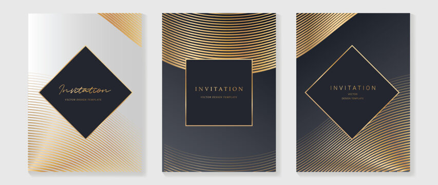 Luxury wedding invitation card background vector. Golden elegant geometric shape, gold wavy lines on dark background. Premium design illustration for wedding and vip cover template, banner, poster.