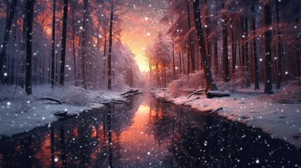 Abstract winter wonderland landscape with ruby red sunset. Snowy woods and river at dawn. Snowflakes and sun.