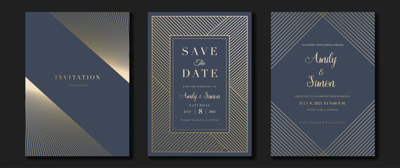 Luxury wedding invitation card background vector. Golden elegant geometric shape, gold lines on dark blue background. Premium design illustration for wedding and vip cover template, banner, poster.