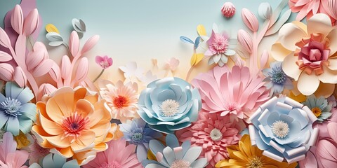 Fototapeta na wymiar Colorful pastel paper flower background wallpaper. Floral origami plants. Spring garden paper crafts.