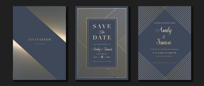 Luxury wedding invitation card background vector. Golden elegant geometric shape, gold lines on dark blue background. Premium design illustration for wedding and vip cover template, banner, poster.