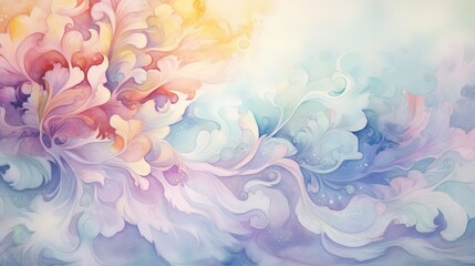 Whimsical Watercolor Dreams Background. Dreamy watercolor painting with delicate swirls and soft pastel hues. Tranquility and enchantment feel. Generative AI.