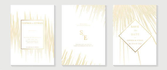 Luxury wedding invitation card background vector. Golden elegant geometric shape, gold lines on dark blue background. Premium design illustration for wedding and vip cover template, banner, poster.