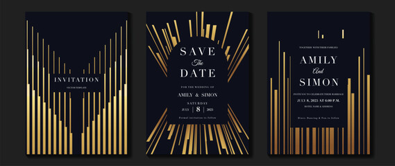 Luxury wedding invitation card background vector. Golden elegant geometric shape, gold lines on dark background. Premium design illustration for wedding and vip cover template, banner, poster. - obrazy, fototapety, plakaty
