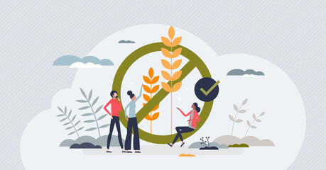 Gluten free diet and nutrition products without grain tiny person concept. Exclude eating wheat protein to help with celiac disease and be healthy vector illustration. Weight loss and healthy food.