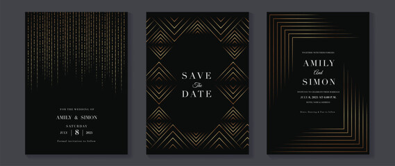 Luxury wedding invitation card background vector. Golden elegant geometric shape, gold lines on dark background. Premium design illustration for wedding and vip cover template, banner, poster.