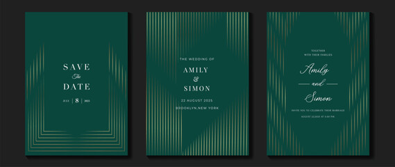 Luxury wedding invitation card background vector. Golden elegant geometric shape, gold lines on green background. Premium design illustration for wedding and vip cover template, banner, poster.