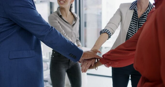 Business people, hands stack and tablet with teamwork, motivation and agreement for strategy in workplace. Team building, circle and hand gesture with happiness, celebration or success with project