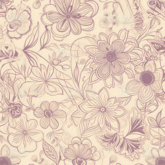 Fototapeta na wymiar Outline Floral Seamless Background Illustration