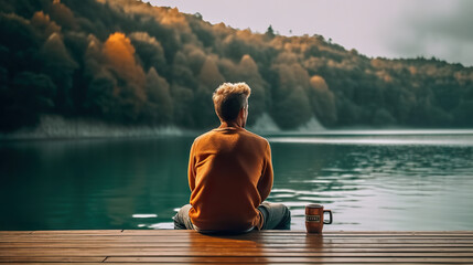 Lakeside Retreat: Young Man Embracing Freedom and Relaxation on the Pier with a Cup of Coffee. created with Generative AI - obrazy, fototapety, plakaty