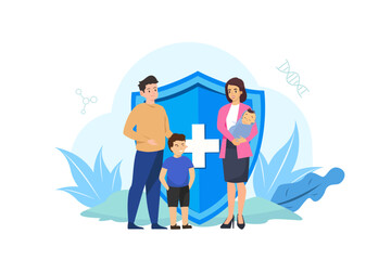 Family health care and life insurance concept. Group people and big shield protection. Vector illustration