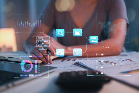 business, technology, project, analysis, graph, resource, interface, management, document, progress. business project progress hud is showing of the front. in dashboard has graph interface and doc. - Powered by Adobe