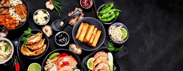Various of asian meals on rustic background , top view , place for text. Asian food concept.