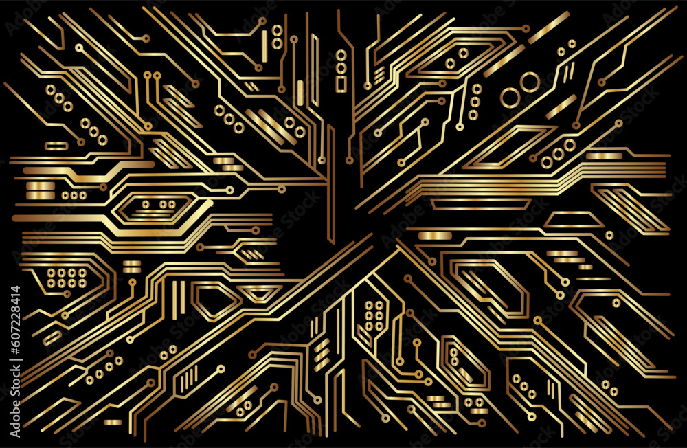 Fototapete Background of modern interconnected circuit board digital technology pattern chimp component gold in black
