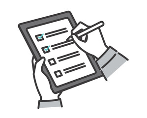 タブレットでチェックリストをチェックをする作業員の手元のベクターイラスト素材／DX／点検